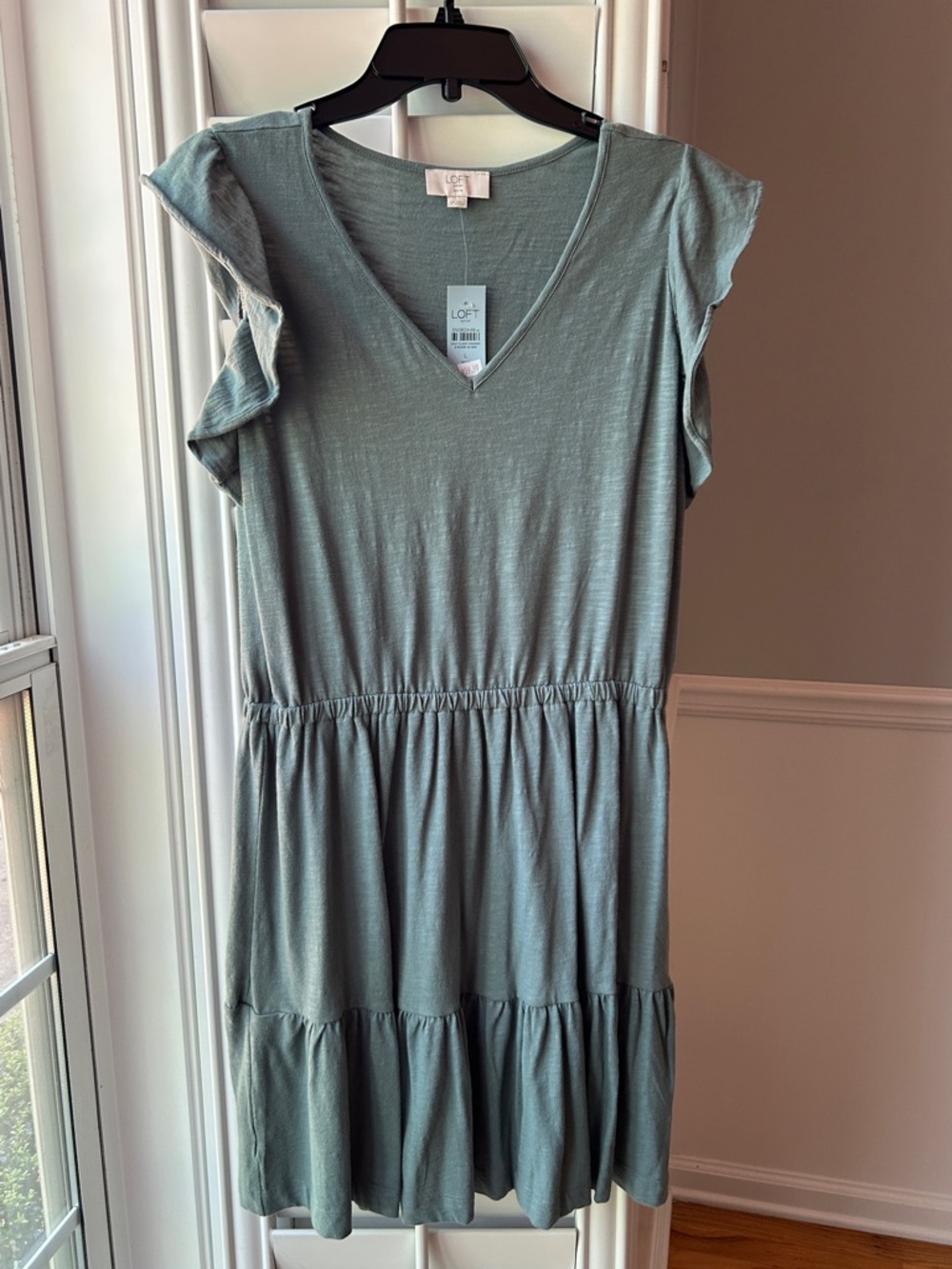 LOFT Sage Green Tiered V-Neck Ruffle Sleeve Dress